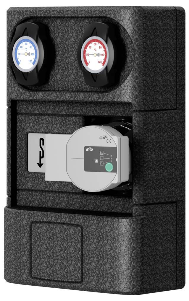 Schwarze isolierte Pumpstation mit zwei Temperaturmessgeräten und einer zentralen Pumpeneinheit für Heizsysteme. Blaue und rote Manometer oben.