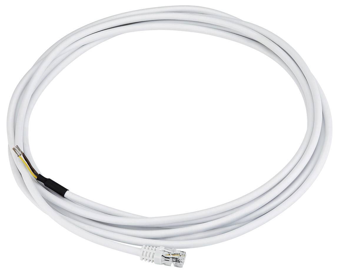 Ein aufgerolltes weißes Ethernet-Kabel mit RJ45-Steckern an beiden Enden, geeignet für Netzwerkverbindung.