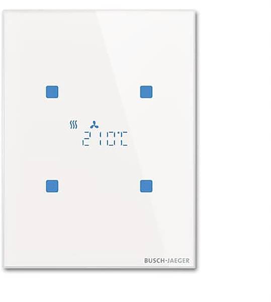 Ein weißes Touch-Panel-Thermostat mit blauem digitalen Display, das „21°C