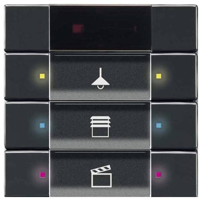 Ein schwarzes Wandschalter-Panel mit vier Tasten. Von oben nach unten: Glühbirnensymbol, Rollladensymbol und Filmklappensymbol. Farbige Quadrate: gelb, rot, blau, rosa.