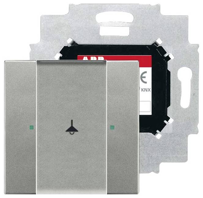 ABB-Lichtschalter mit Symbol für Licht ein/aus, CE-gekennzeichnet, silberfarbenes Finish, für die Verwendung mit KNX-Systemen vorgesehen, wandmontierbares Zubehör.