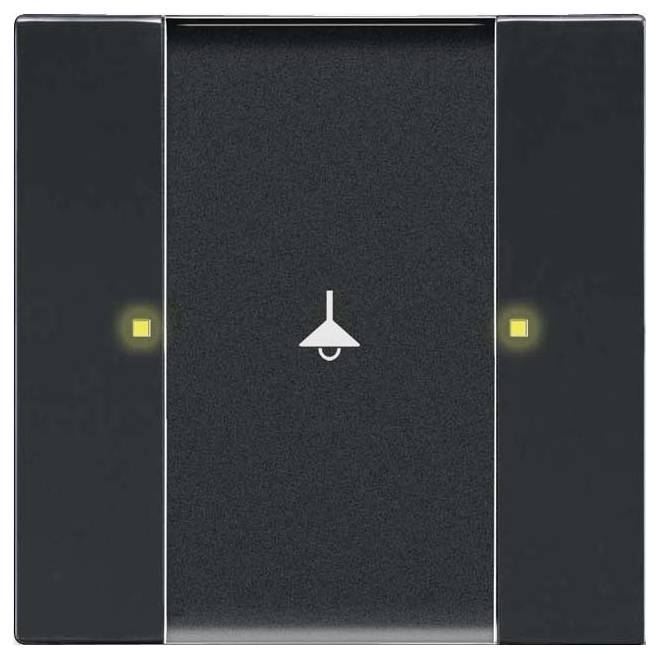 Ein schwarzer Lichtschalter mit einem Lampensymbol in der Mitte und zwei kleinen gelben Quadraten auf beiden Seiten, die Berührungspunkte anzeigen.