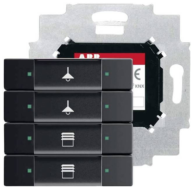 Vier schwarze Tasten mit grünen Anzeigelampen und Symbolen für Licht und Jalousien; ein Montagrahmen mit der Aufschrift „ABB