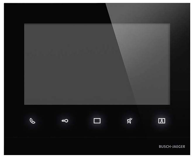 Eine schwarze Touchscreen-Schnittstelle mit beleuchteten Symbolen für Anruf, Schlüssel, Menü, Stummschaltung und Person am unteren Rand.