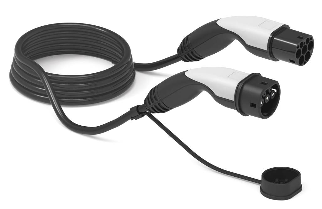 Ein aufgewickeltes Elektrofahrzeug-Ladekabel mit schwarzen und weißen Steckern an beiden Enden wird gezeigt.