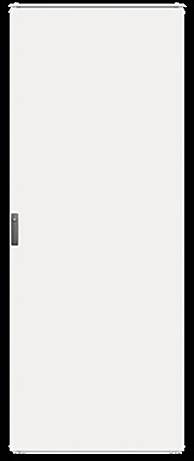 Eine geschlossene weiße Tür mit einem dunklen Griff auf der linken Seite, vor einem schwarzen Hintergrund.