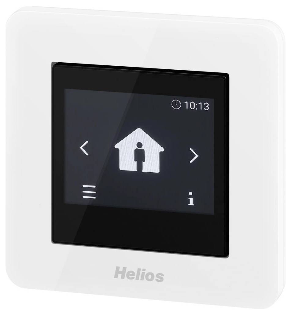 Ein digitales Bedienfeld mit einem Haussymbol auf dem Bildschirm, die Uhrzeit wird als 10:13 angezeigt. Pfeile, Menü- und Infosymbole umgeben das Haus.