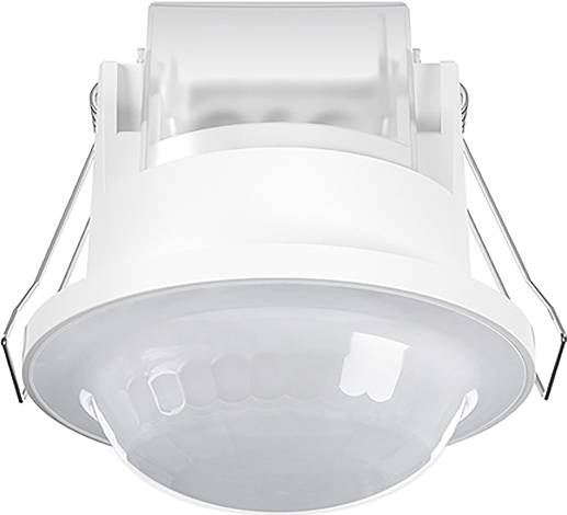 Eingebauter, an der Decke montierter Bewegungsmelder mit weißem, rundem Design und halbtransparentem Sensor. Wird zur Erkennung von Bewegungen im Innenbereich verwendet.