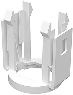 Ein weißer, zylindrischer Kunststoffhalter mit vertikalen Schlitzen und Zinken, möglicherweise zum Organisieren oder Sichern von Gegenständen in aufrechter Position verwendet.