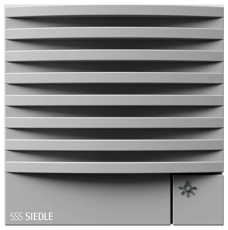 Ein quadratisches, graues Panel mit Lamellen und einem kleinen leuchtenden Knopf in der unteren rechten Ecke.