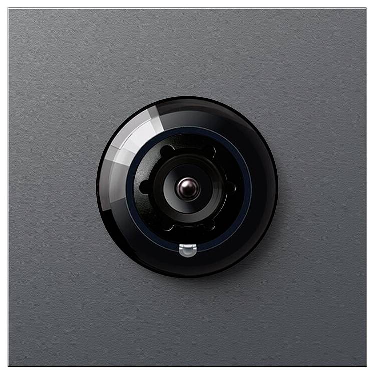 Nahaufnahme eines eleganten, runden schwarzen Sicherheitskamera-Objektivs vor einem grauen Hintergrund.