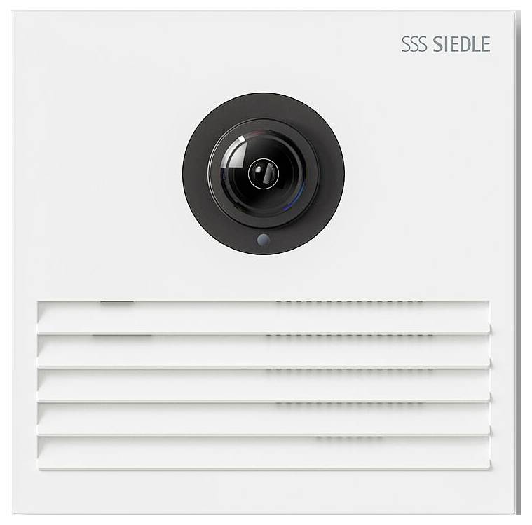 Eine quadratische weiße Sicherheitskamera mit einer schwarzen runden Linse und horizontalen Belüftungsschlitzen, mit der Bezeichnung „SSS Siedle
