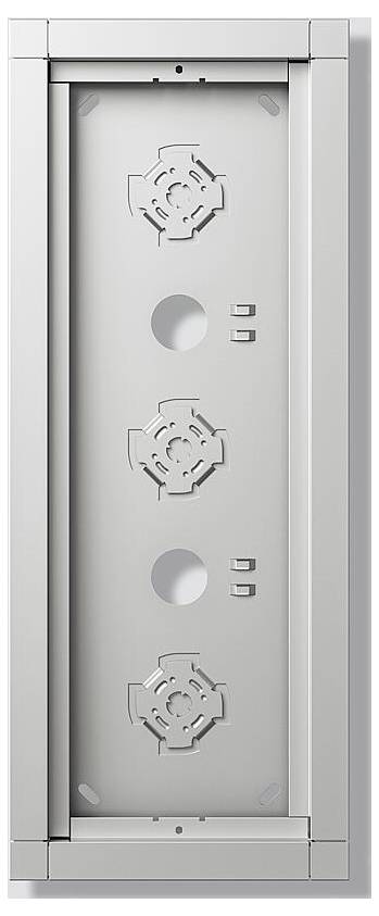 Rechteckiger Metallrahmen mit Schlitzen für elektrische Komponenten, mit drei gleichmäßig verteilten kreisförmigen Ausschnitten und Eckstützen.