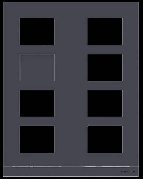 Ein dunkelgraues, achtfeldrig angeordnetes gitterartiges Design mit einem hervorgehobenen Quadrat. Text „Burch Hecker