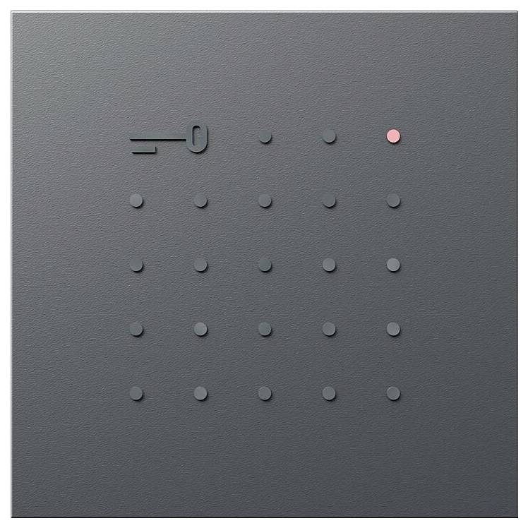 Ein minimalistisches graues quadratisches Panel mit einem Schlüsselsymbol auf der linken Seite und einem Gitter aus erhabenen Punkten, wobei ein Punkt auf der rechten Seite rosa hervorgehoben ist.
