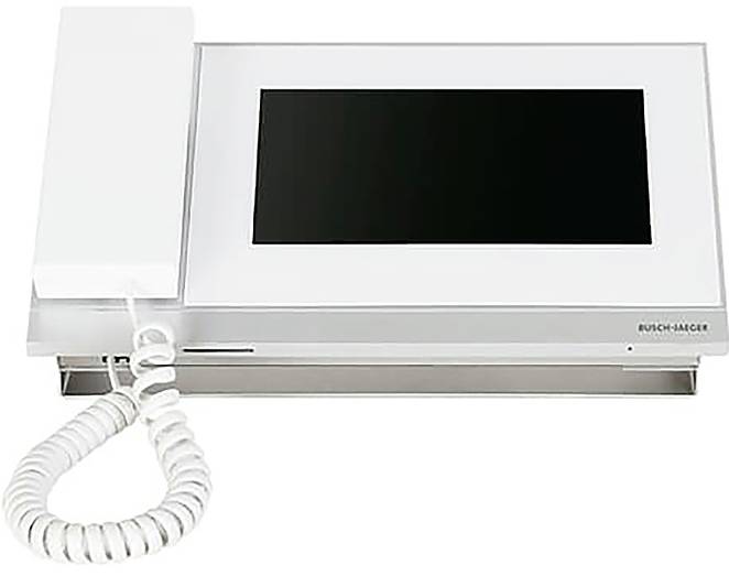 Ein weißes Türsprechgerät mit digitaler Anzeige und schnurgebundenem Hörer, das für Haussicherheit oder Kommunikation verwendet wird.