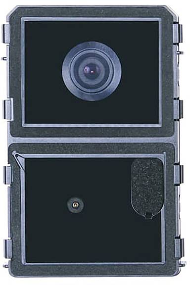 Eine rechteckige Wildtierkamera mit zwei Objektiven, die zum Aufnehmen von Bildern und Videos von Tieren in Außenumgebungen konzipiert ist.