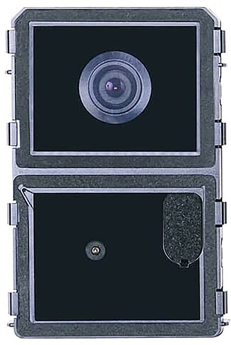 Ein zweisektionales Kameragerät mit einer kreisförmigen Linse oben und einem Infrarotsensor unten, untergebracht in einem Schutzgehäuse.