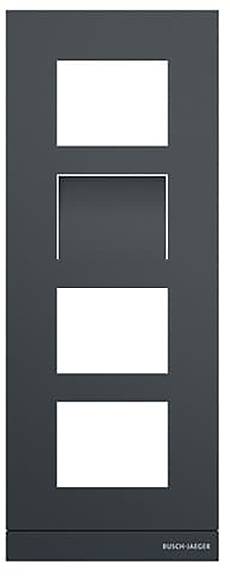 Ein dunkelgrauer Vier-Platz-Rahmen mit Hochglanzoberfläche, konzipiert zur Aufnahme von Busch-Jaeger Wandschaltern oder Steckdosen.