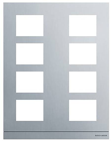 Ein gebürstetes Metallpanel mit acht quadratischen Ausschnitten, die in zwei Spalten angeordnet sind.