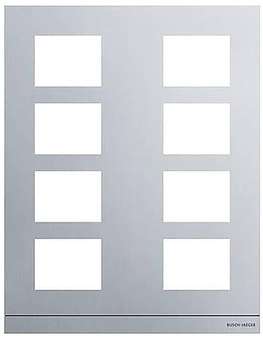 Ein silberner Rahmen mit acht quadratischen Öffnungen, die in zwei Spalten zu je vier angeordnet sind. Der Rahmen könnte für Schaltflächen oder Anzeigeelemente verwendet werden.