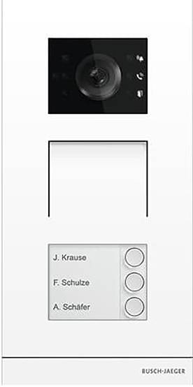 Gegensprechanlage mit Kamera, Anzeigebildschirm und drei beschrifteten Tasten für „J. Krause