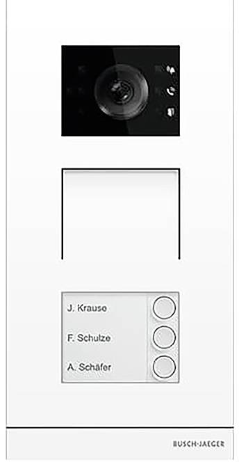 Ein Türsprechanlage mit einer Kamera oben, einem leeren Display in der Mitte und drei beschrifteten Tasten unten: J. Krause, F. Schulze, A. Schäfer.