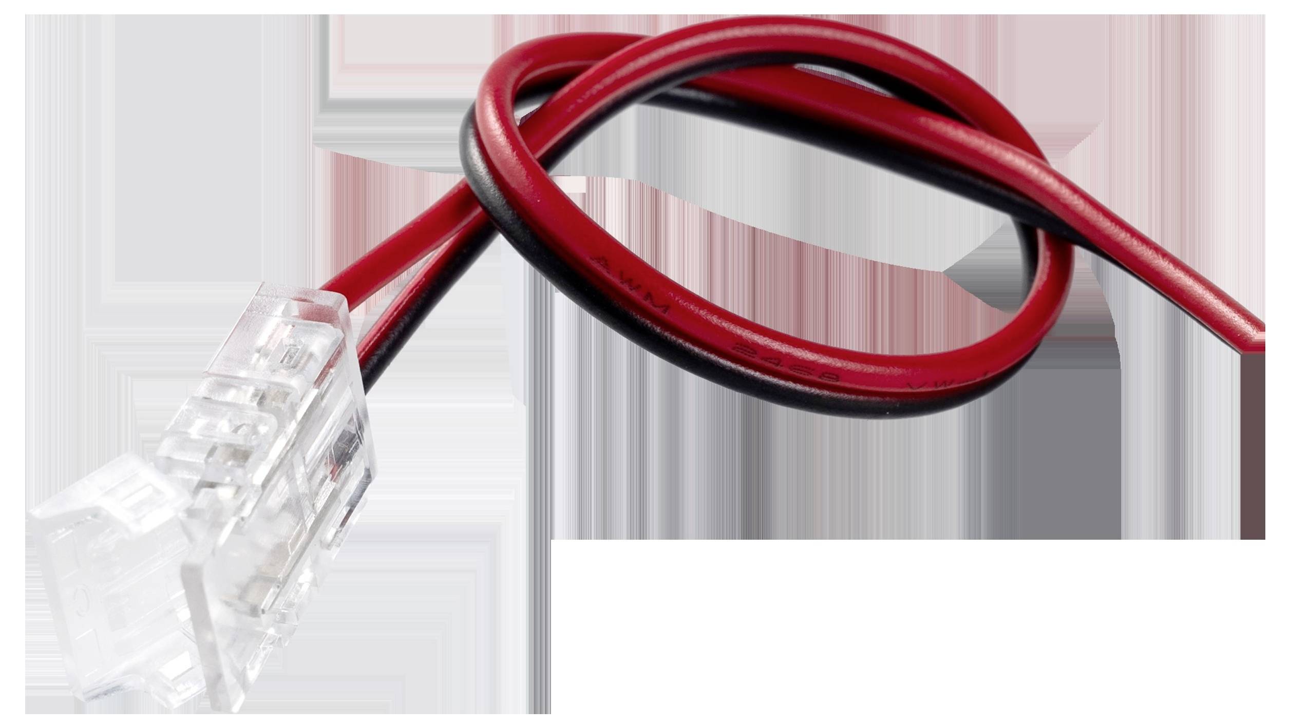 Eine Nahaufnahme eines rot und schwarz verdrehten Kabelpaares, das in einem durchsichtigen Kunststoffstecker endet, möglicherweise für elektrische oder Datenverbindungen verwendet.