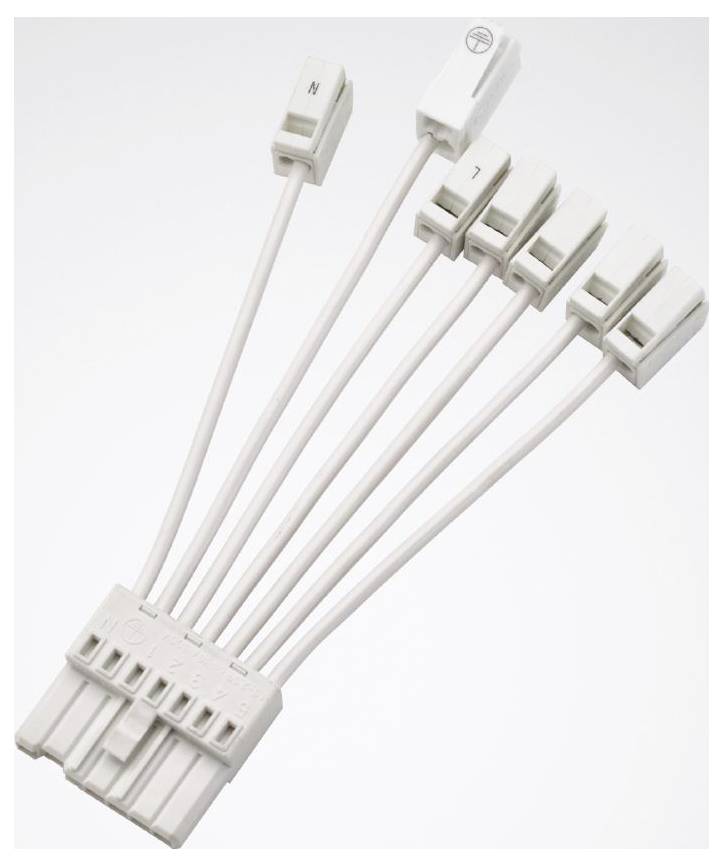 Ein sechspoliger elektrischer Stecker mit weißen Drähten, die mit „N