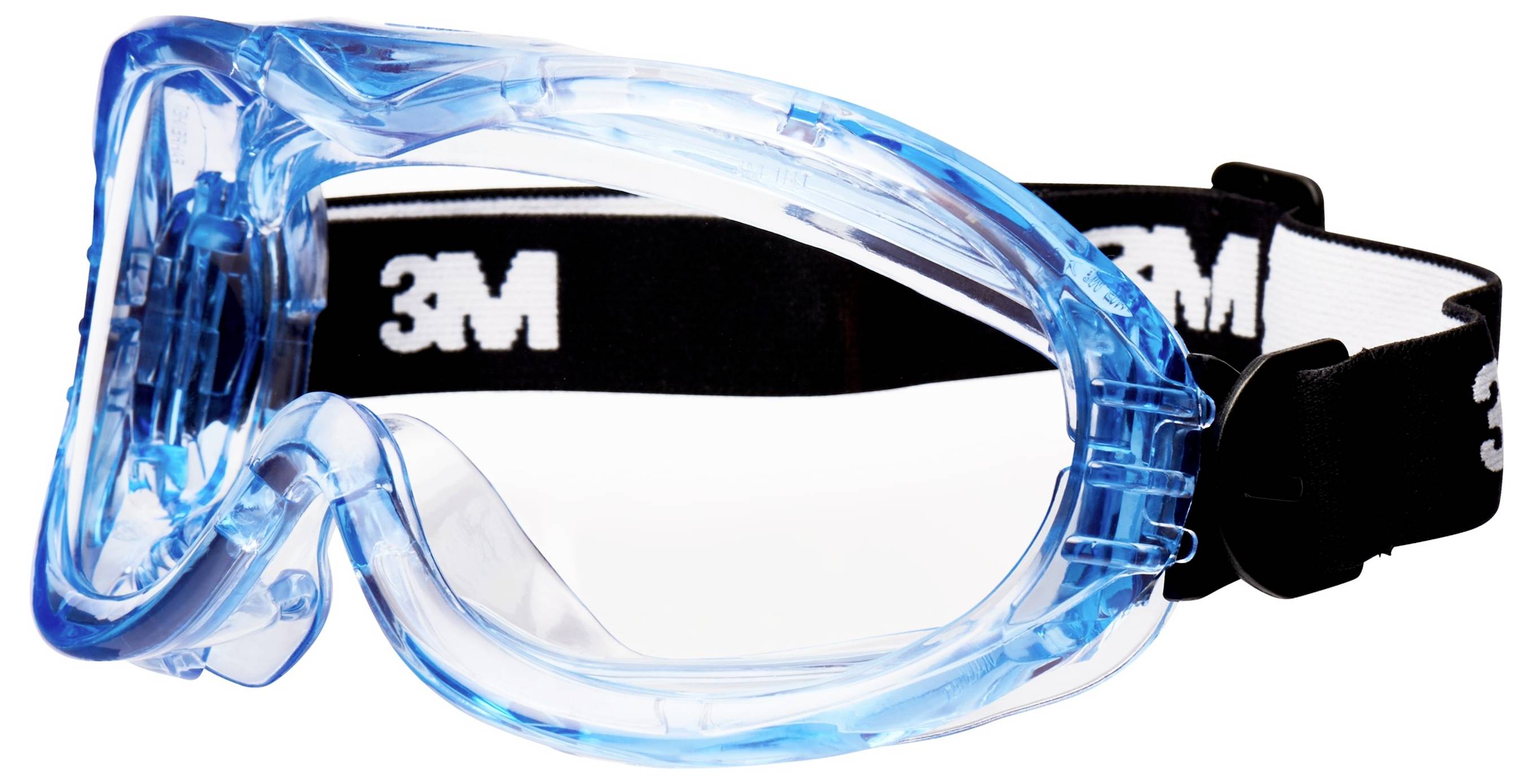 Schutzbrille mit klarem Glas und blauem Rahmen, ausgestattet mit einem verstellbaren schwarzen Riemen mit weißem 