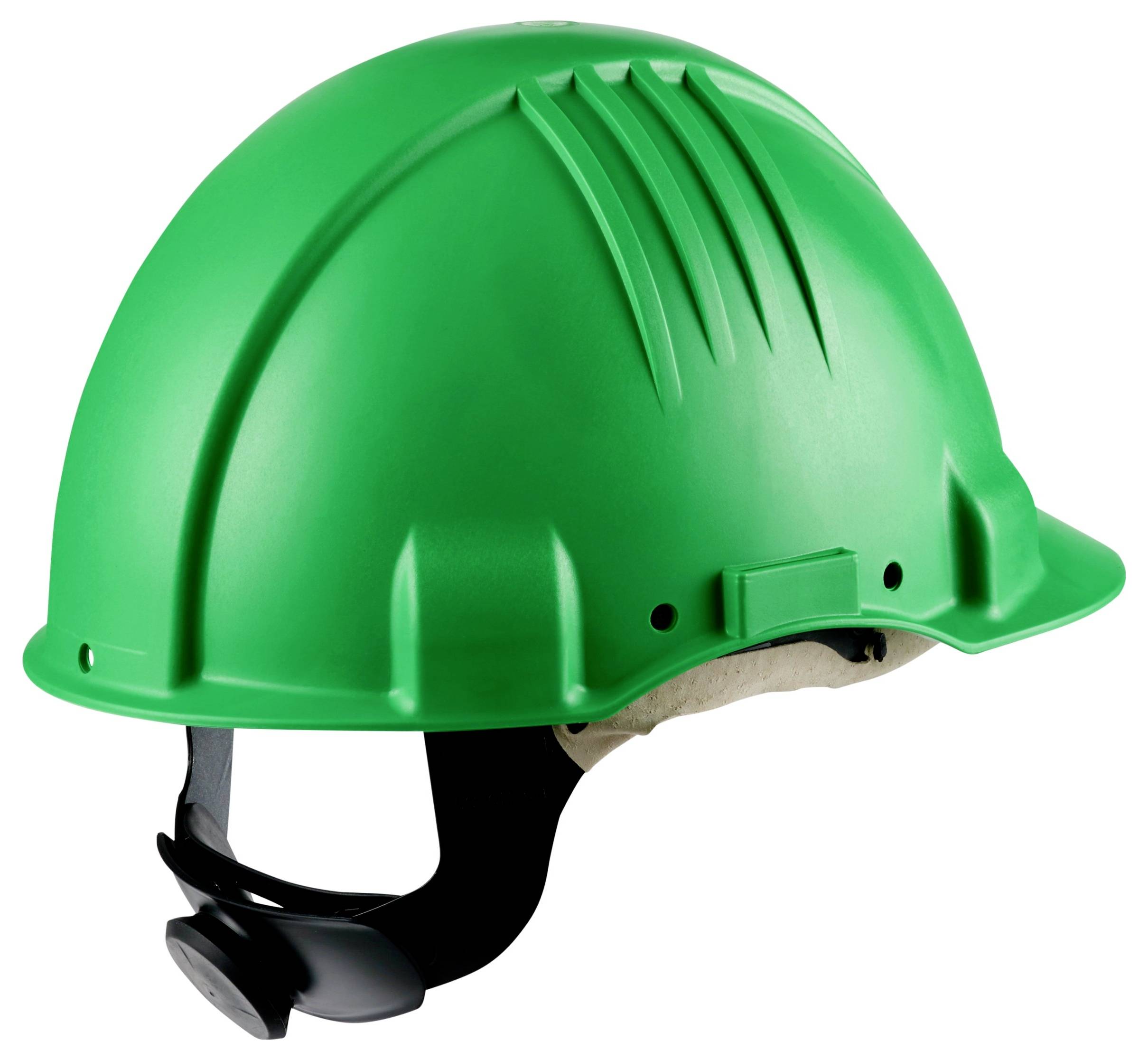 Ein grüner Schutzhelm für den Bau mit Kinnriemen, der Sicherheit und Schutzausrüstung für Bau- oder Industriearbeiten symbolisiert.