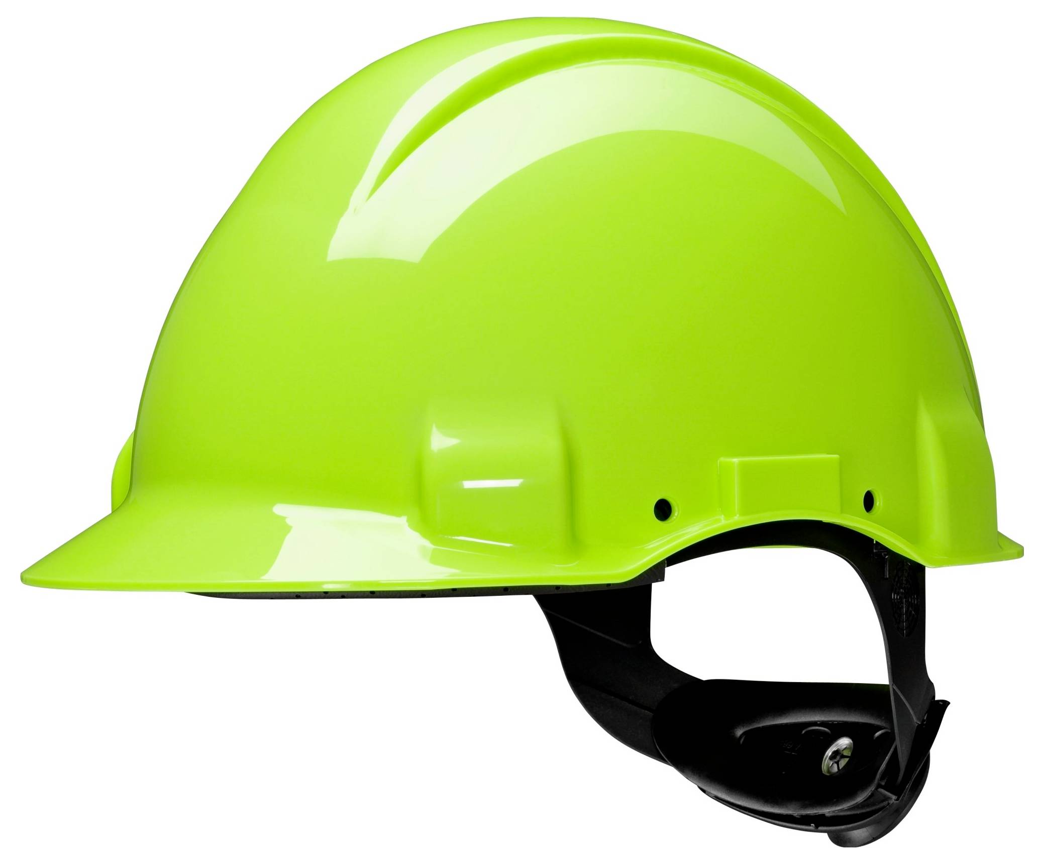 Ein leuchtend grüner Schutzhelm mit Kinnriemen, der häufig für Bau- oder Sicherheitszwecke verwendet wird.