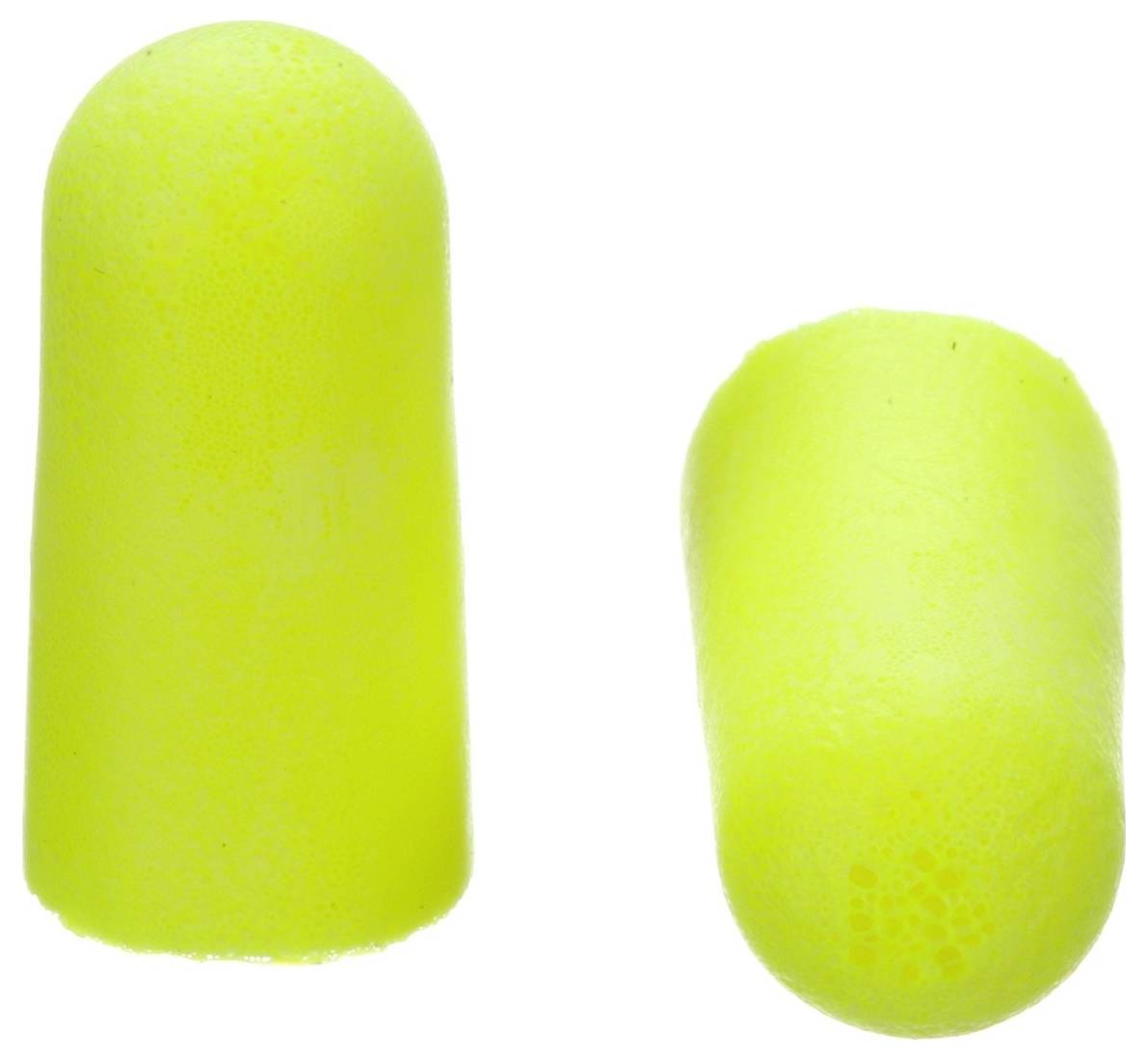 Zwei leuchtend gelbe Schaumstoff-Ohrstöpsel, zylindrisch und an einem Ende verjüngt, entwickelt zur Lärmminderung und zum Gehörschutz.