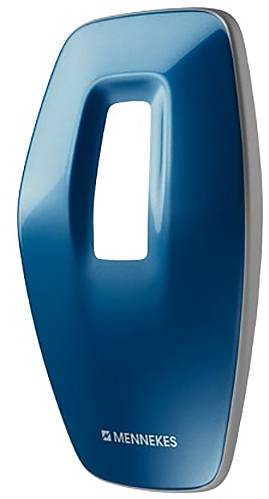 Eine Abdeckung für eine Ladestation für Elektrofahrzeuge mit schlankem, blauem Design und dem Logo „Mennekes