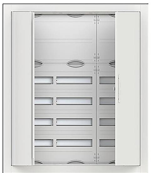 Ein geschlossenes Elektroverteiler-Schrank mit mehreren horizontalen Schlitzen, geeignet für die Unterbringung von Leistungsschaltern, in sauberer weißer Ausführung.