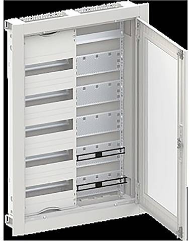 Ein offener elektrischer Verteilkasten mit mehreren leeren Steckplätzen und einer transparenten Tür, der zum Organisieren von Schaltkomponenten verwendet wird.