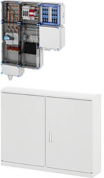 Elektrischer Schaltschrank, Innenansicht mit komplexer Verkabelung und Komponenten sowie Außenansicht mit geschlossenen weißen Türen.