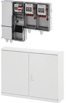 Geöffneter Schaltschrank mit Sammelschienen und Schaltern sowie geschlossener Schrank darunter, zeigt innen- und Außenansichten.