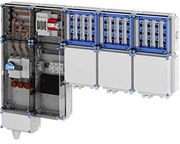 Ein modulares Elektropaneelsystem mit durchsichtigen Abschnitten, die interne Schaltkreise und Komponenten für die industrielle Stromverteilung darstellen.