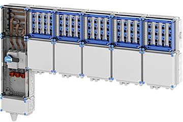 Das Bild zeigt ein modulares Industriesteuerungssystem mit mehreren Einheiten, die in einer Reihe verbunden sind. Jede Einheit verfügt über blaue Montagehardware.