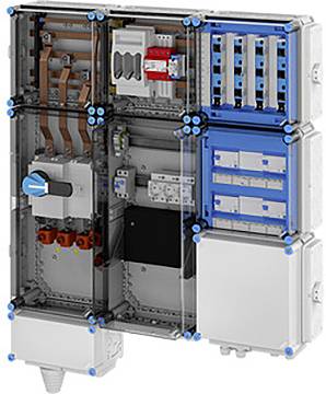 Das Bild zeigt einen elektrischen Schaltschrank mit transparenten Paneelen, die innere Komponenten wie Schalter und Leistungsschalter enthüllen.
