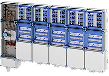 Ein modulares Elektroschaltpanel mit mehreren miteinander verbundenen Abschnitten, das verschiedene Schalter, Verdrahtung und in blauem Gehäuse untergebrachte Komponenten zeigt.