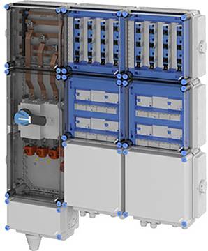 Das Bild zeigt ein modulares elektrisches Schaltschrank mit transparenten und geschlossenen Abteilen, ausgestattet mit einem blauen Griff und mehreren Schaltungskomponenten.