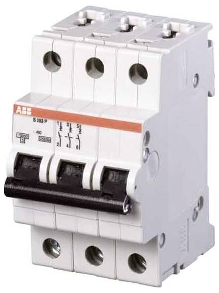 Ein dreipoliger Leitungsschutzschalter mit weißem und schwarzem Design, mit sichtbaren Schaltern und beschriftet mit 