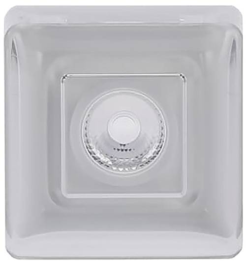 Nahaufnahme einer quadratischen Einbauleuchte mit einer zentralen LED-Glühbirne, umgeben von einem reflektierenden Rahmen, geeignet für die Deckenmontage.