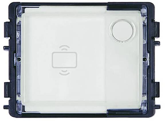 Ein durchsichtiger RFID-Kartenleser mit weißem Hintergrund und einem kreisförmigen Knopf in der oberen rechten Ecke.