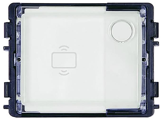 Ein rechteckiges elektronisches Gerät, wahrscheinlich ein kabelloses Ladepad, mit einem subtilen Ladesymbol in der Mitte und einer kreisförmigen Region in der oberen rechten Ecke.