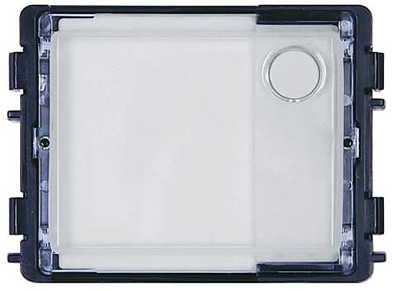 Ein durchsichtiges Kunststoff-Elektronikgehäuse mit rundem Anschluss und schwarzem Rahmen, bestimmt zum Schutz von Komponenten, von oben betrachtet.