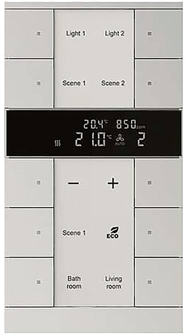 Bedienfeld eines Thermostats mit Temperaturanzeige '20,4°C', Luftfeuchtigkeit '85%' und Moduseinstellungen für 'Licht 1', 'Szenario 1' und 'Szenario 2'.