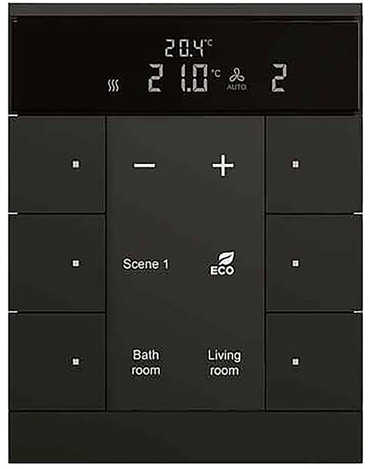 Thermostat-Bedienfeld mit Temperatureinstellungen: 20,4°C aktuell, 21,0°C Zielwert. Optionen für Szenario 1, Sparmodus, Badezimmer, Wohnzimmer.